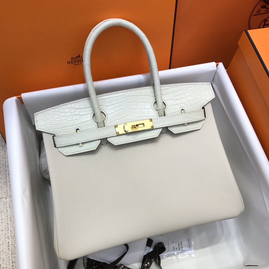 Hermes Touch Birkin 30CM Handbag In White Clemence and Matte Alligator Crocodile Skin